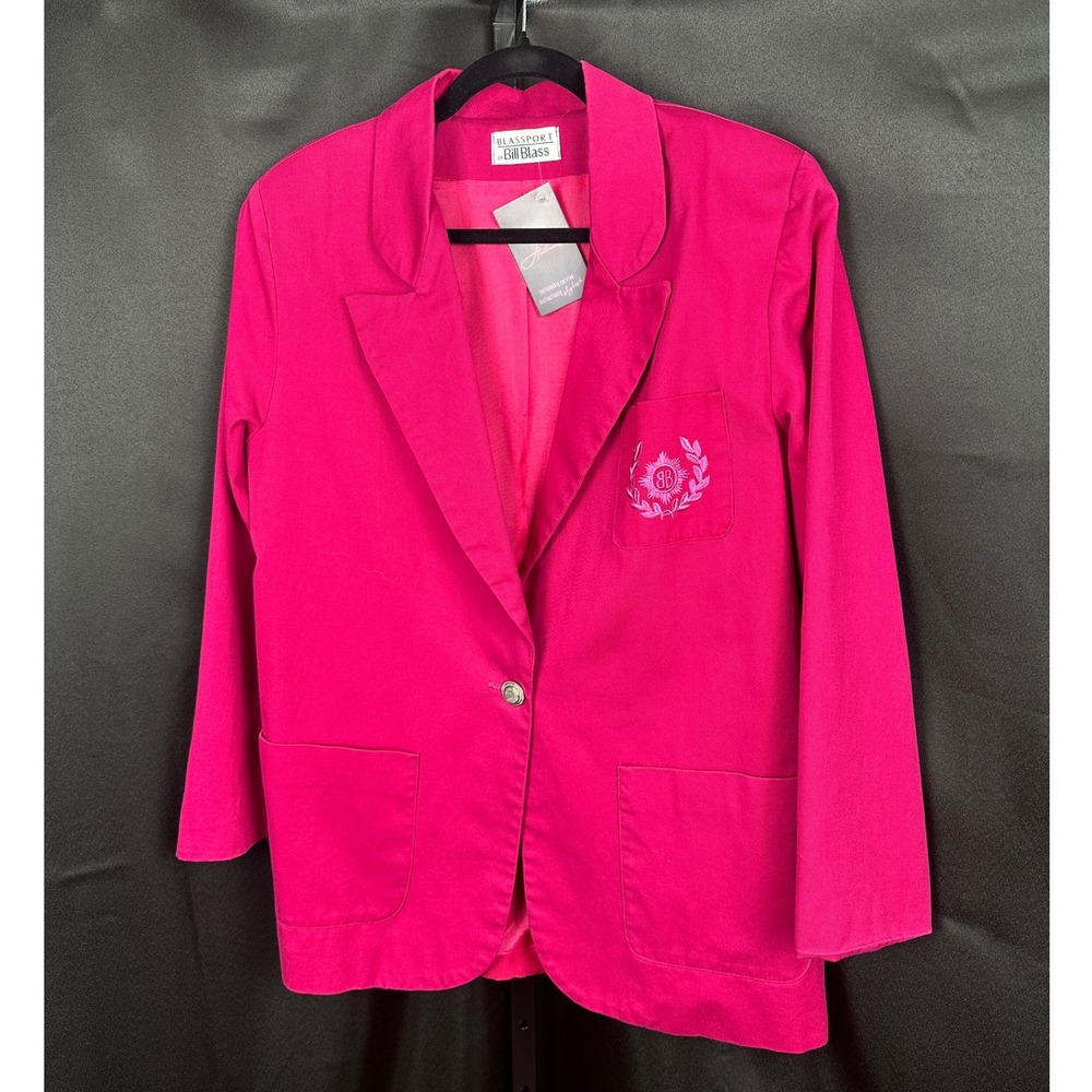 Vintage 90s Long line Bright Pink Cotton Blazer Embroidered Crest M L - Picture 2 of 4
